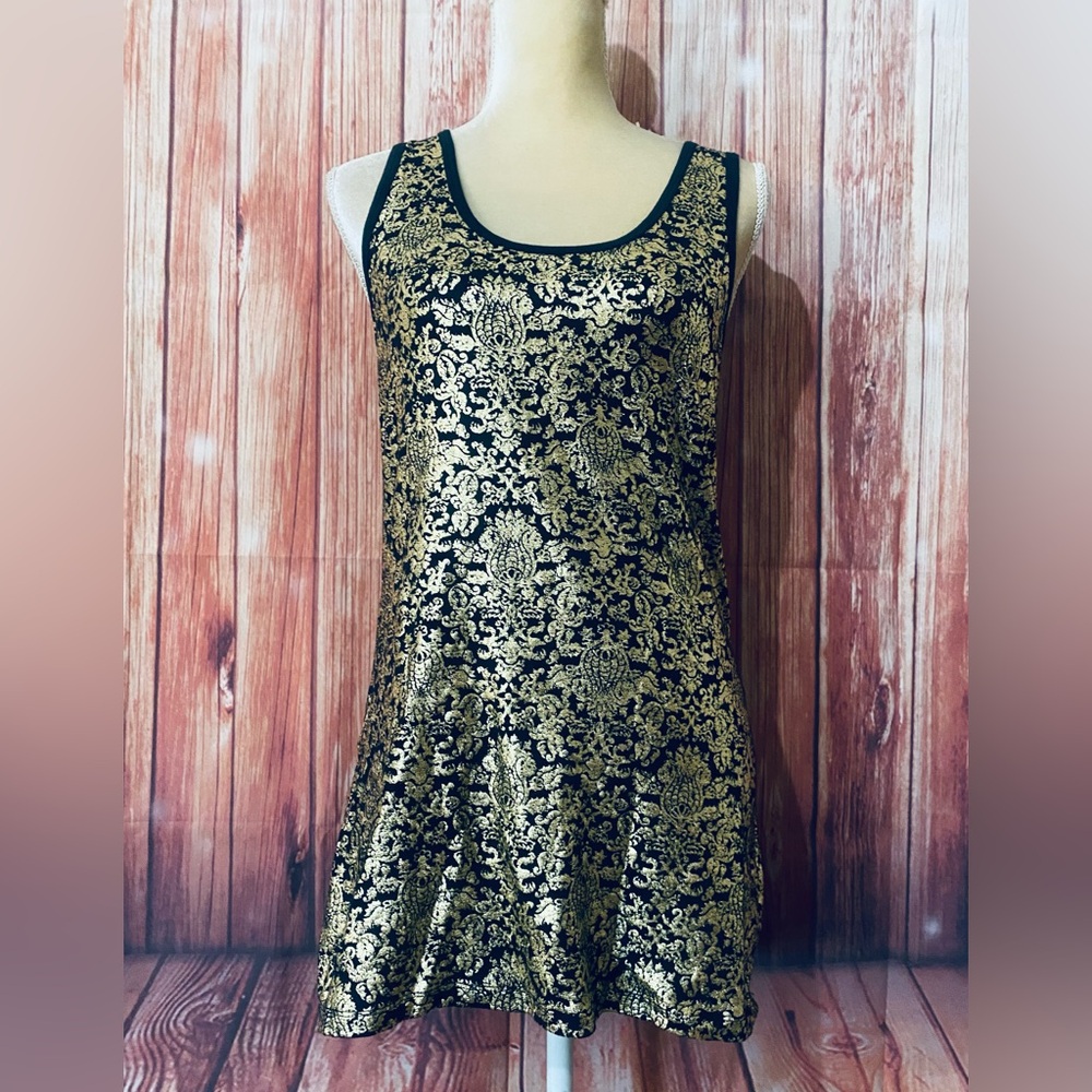 Women’s XL Juniors Tank Top Black Gold Soft Stretch Form Fitting U Neck Soft